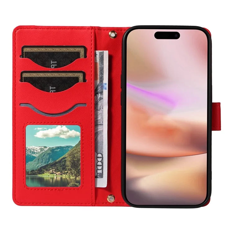 For iPhone 16 Case Wallet Quilted Leather Phone Cover with Shoulder Strap, Wrist Strap
