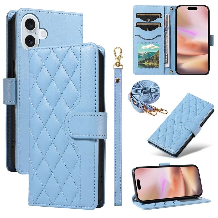 For iPhone 16 Case Wallet Quilted Leather Phone Cover with Shoulder Strap, Wrist Strap