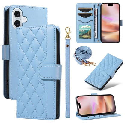 For iPhone 16 Case Wallet Quilted Leather Phone Cover with Shoulder Strap, Wrist Strap
