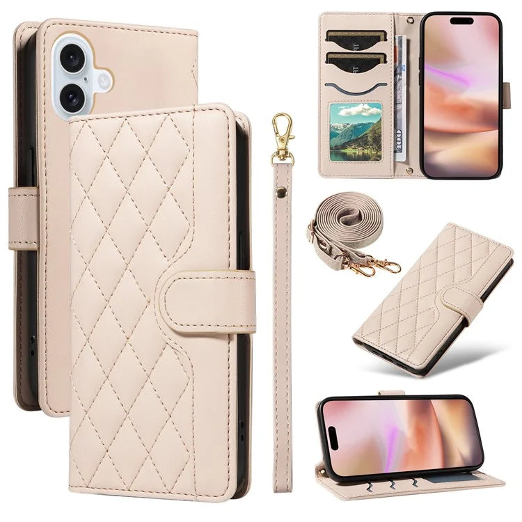 For iPhone 16 Case Wallet Quilted Leather Phone Cover with Shoulder Strap, Wrist Strap