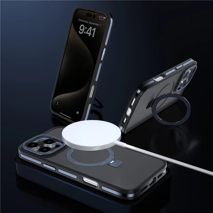 C1 Series For iPhone 15 Pro Case Rotatable Magnetic Ring Kickstand Drop-Proof TPU+PC Phone Cover