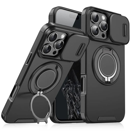 For iPhone 16 Pro Max Magnetic Phone Case Slide Lens Protection Ring Kickstand TPU+PC Cover