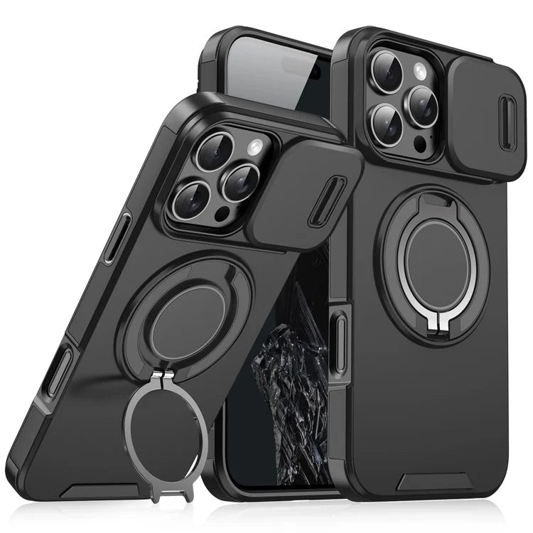 For iPhone 14 Pro Magnetic Case Slide Lens Cover Ring Kickstand TPU+PC Phone Shell