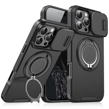 For iPhone 14 Pro Magnetic Case Slide Lens Cover Ring Kickstand TPU+PC Phone Shell
