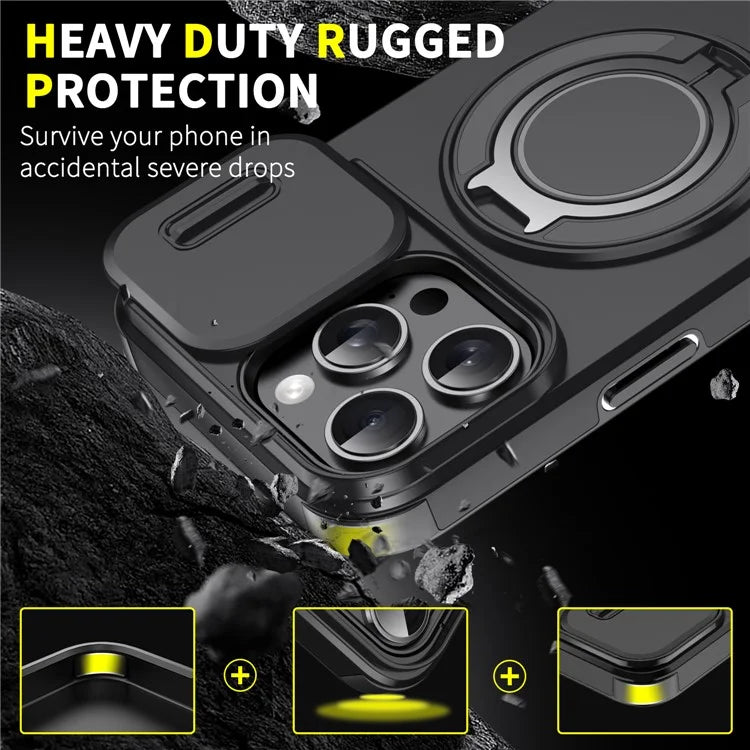 For iPhone 14 Pro Magnetic Case Slide Lens Cover Ring Kickstand TPU+PC Phone Shell