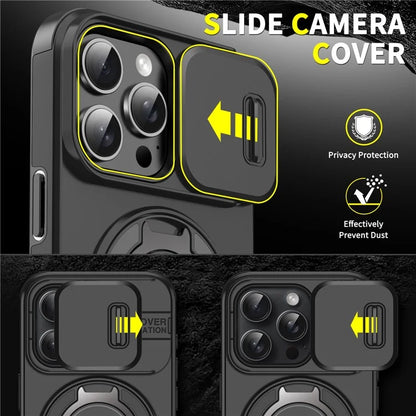 For iPhone 14 Pro Magnetic Case Slide Lens Cover Ring Kickstand TPU+PC Phone Shell