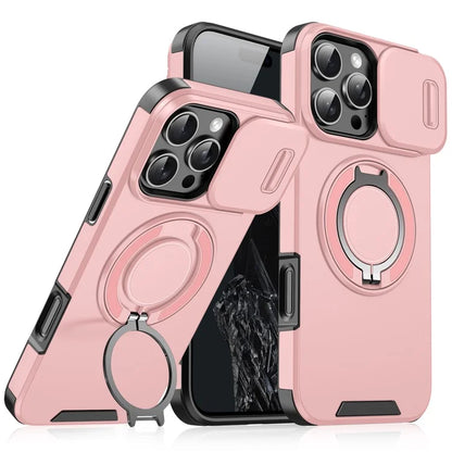 For iPhone 14 Pro Magnetic Case Slide Lens Cover Ring Kickstand TPU+PC Phone Shell