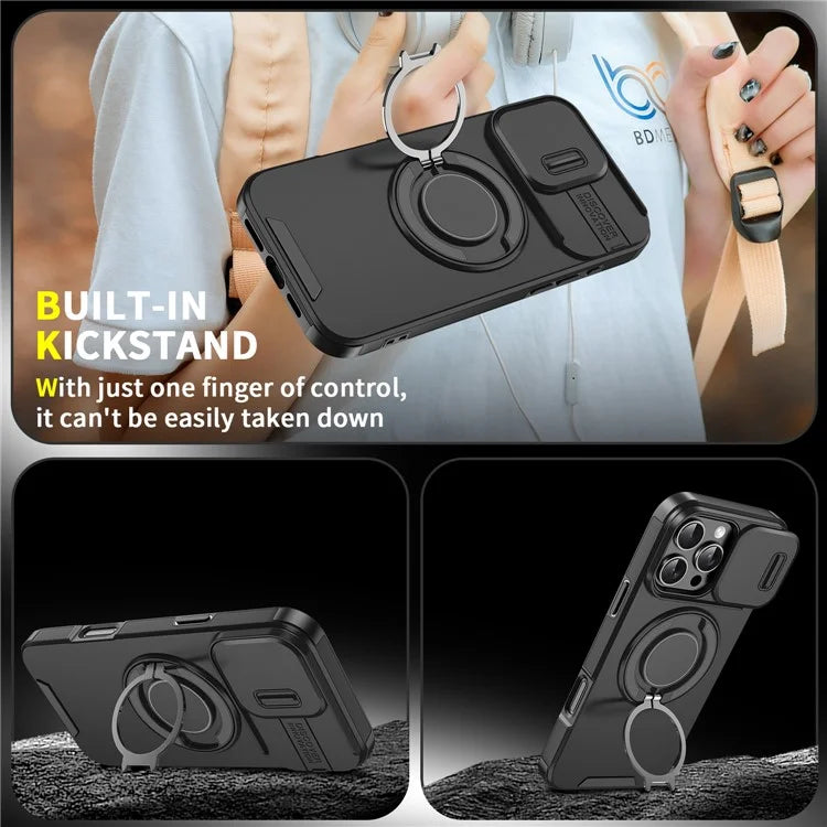 For iPhone 14 Pro Magnetic Case Slide Lens Cover Ring Kickstand TPU+PC Phone Shell