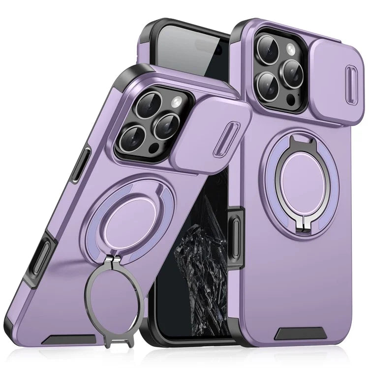 For iPhone 14 Pro Magnetic Case Slide Lens Cover Ring Kickstand TPU+PC Phone Shell