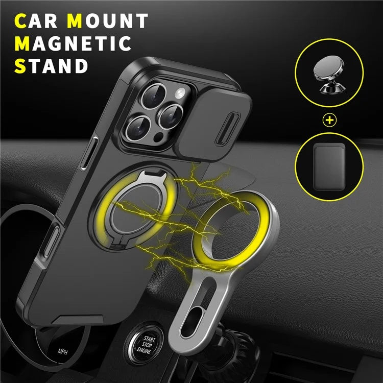 For iPhone 14 Pro Magnetic Case Slide Lens Cover Ring Kickstand TPU+PC Phone Shell