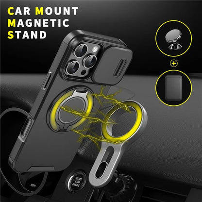 For iPhone 14 Pro Magnetic Case Slide Lens Cover Ring Kickstand TPU+PC Phone Shell