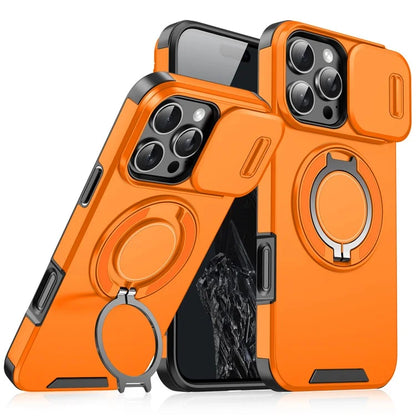 For iPhone 14 Pro Magnetic Case Slide Lens Cover Ring Kickstand TPU+PC Phone Shell