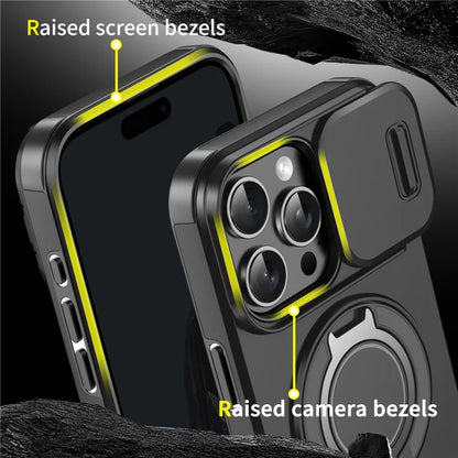 For iPhone 14 Pro Magnetic Case Slide Lens Cover Ring Kickstand TPU+PC Phone Shell