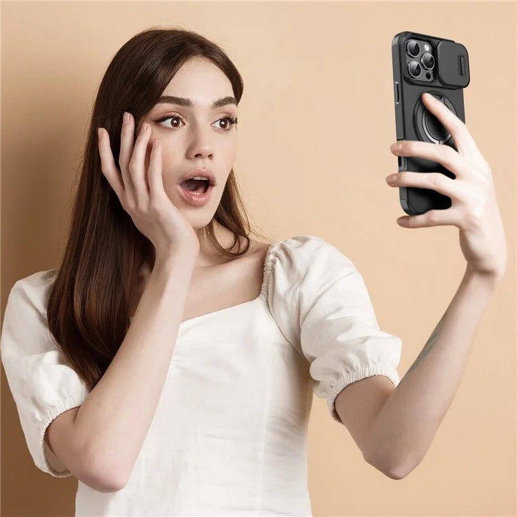 For iPhone 14 Pro Magnetic Case Slide Lens Cover Ring Kickstand TPU+PC Phone Shell