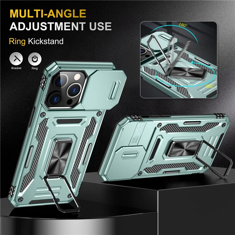 Armor Series For iPhone 16 Pro Max Case PC+TPU Kickstand Phone Cover with Slide Lens Lid