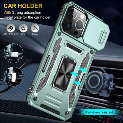 Armor Series For iPhone 16 Pro Max Case PC+TPU Kickstand Phone Cover with Slide Lens Lid