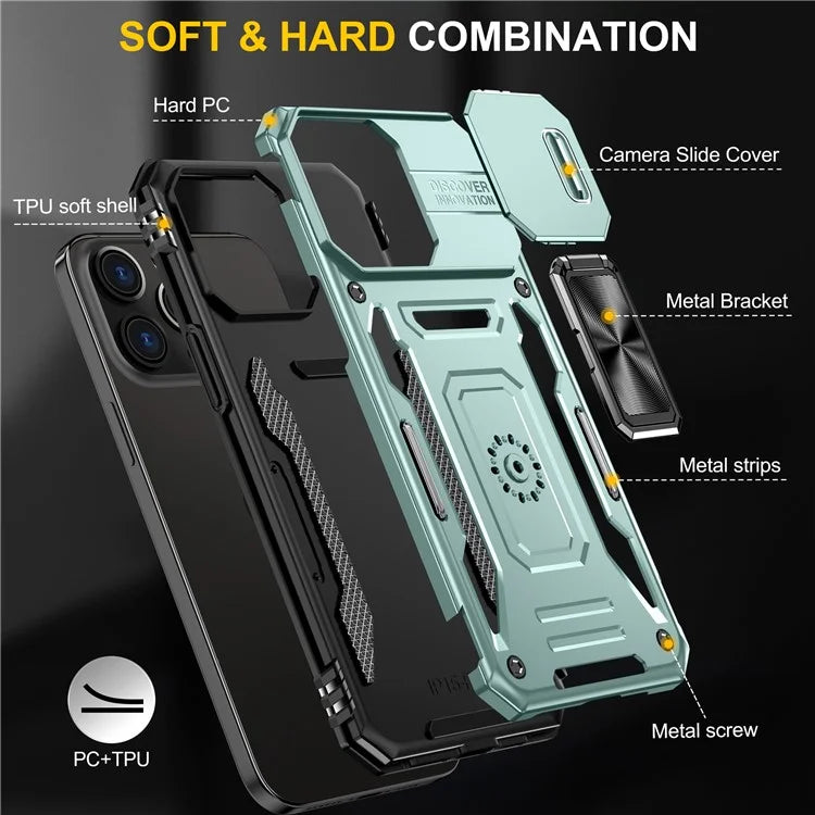 Armor Series For iPhone 16 Pro Max Case PC+TPU Kickstand Phone Cover with Slide Lens Lid