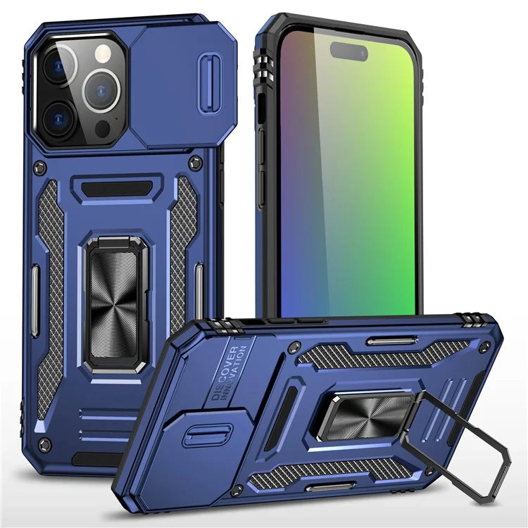 Armor Series For iPhone 16 Pro Max Case PC+TPU Kickstand Phone Cover with Slide Lens Lid