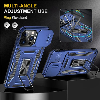 Armor Series For iPhone 16 Pro Max Case PC+TPU Kickstand Phone Cover with Slide Lens Lid