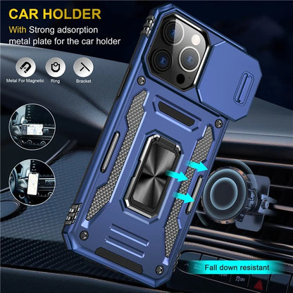 Armor Series For iPhone 16 Pro Max Case PC+TPU Kickstand Phone Cover with Slide Lens Lid