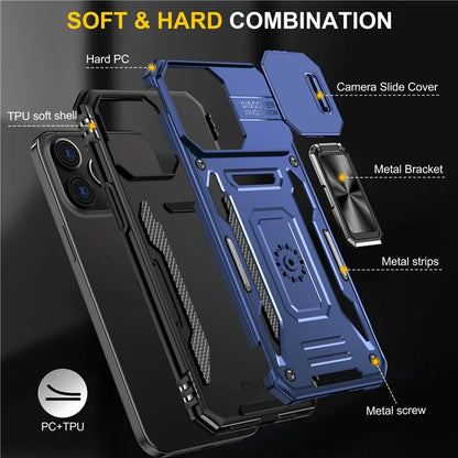 Armor Series For iPhone 16 Pro Max Case PC+TPU Kickstand Phone Cover with Slide Lens Lid