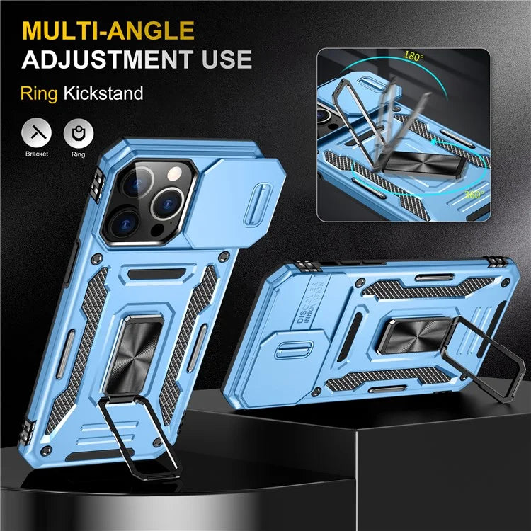 Armor Series For iPhone 16 Pro Max Case PC+TPU Kickstand Phone Cover with Slide Lens Lid