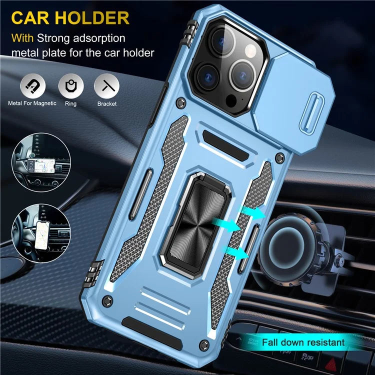 Armor Series For iPhone 16 Pro Max Case PC+TPU Kickstand Phone Cover with Slide Lens Lid