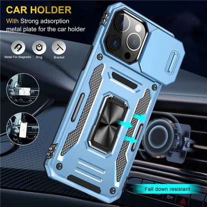 Armor Series For iPhone 16 Pro Max Case PC+TPU Kickstand Phone Cover with Slide Lens Lid