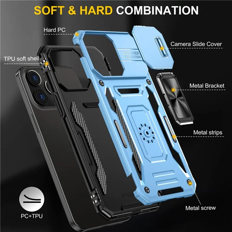 Armor Series For iPhone 16 Pro Max Case PC+TPU Kickstand Phone Cover with Slide Lens Lid
