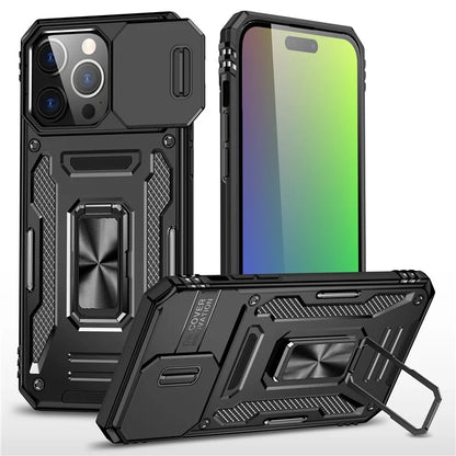 Armor Series For iPhone 16 Pro Max Case PC+TPU Kickstand Phone Cover with Slide Lens Lid