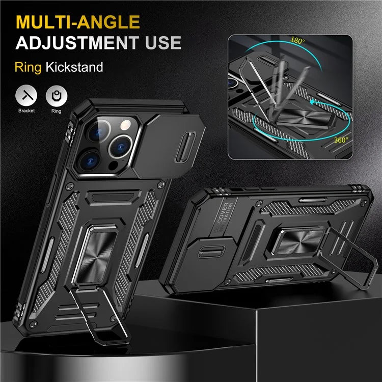 Armor Series For iPhone 16 Pro Max Case PC+TPU Kickstand Phone Cover with Slide Lens Lid