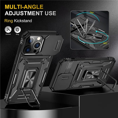 Armor Series For iPhone 16 Pro Max Case PC+TPU Kickstand Phone Cover with Slide Lens Lid