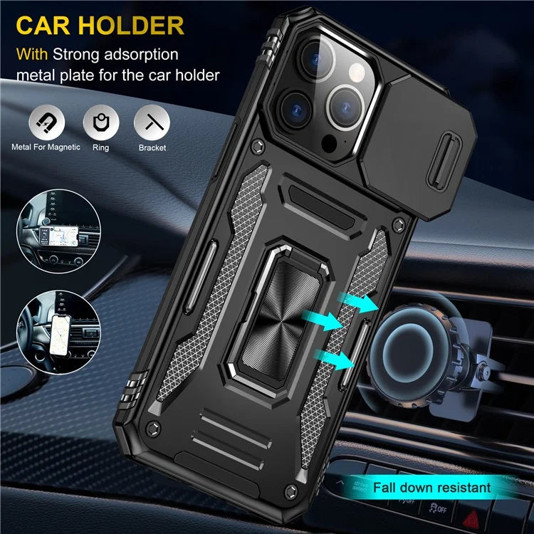 Armor Series For iPhone 16 Pro Max Case PC+TPU Kickstand Phone Cover with Slide Lens Lid