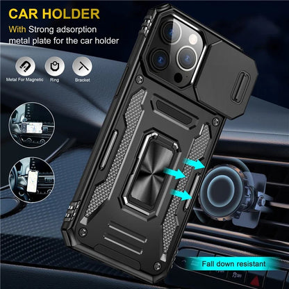 Armor Series For iPhone 16 Pro Max Case PC+TPU Kickstand Phone Cover with Slide Lens Lid