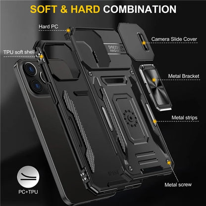 Armor Series For iPhone 16 Pro Max Case PC+TPU Kickstand Phone Cover with Slide Lens Lid