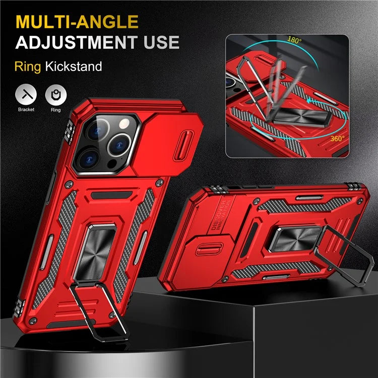 Armor Series For iPhone 16 Pro Max Case PC+TPU Kickstand Phone Cover with Slide Lens Lid