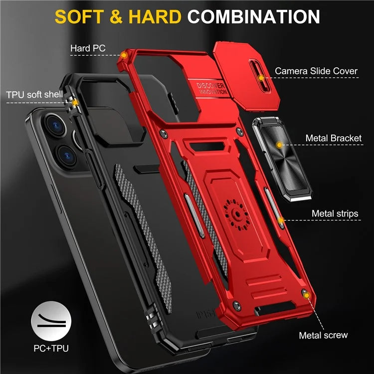 Armor Series For iPhone 16 Pro Max Case PC+TPU Kickstand Phone Cover with Slide Lens Lid