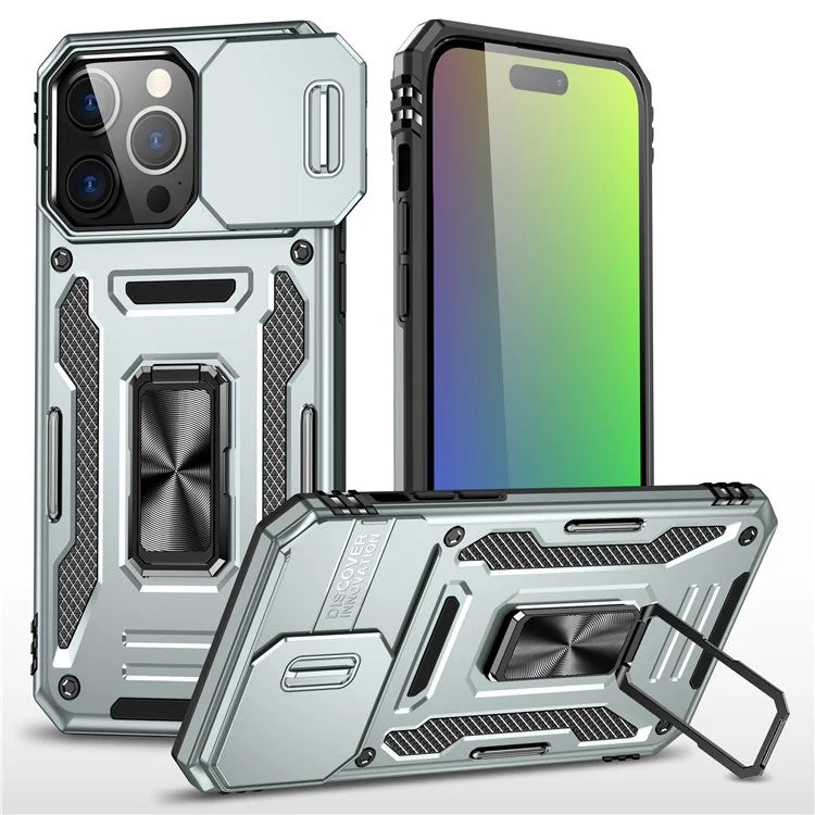 Armor Series For iPhone 16 Pro Max Case PC+TPU Kickstand Phone Cover with Slide Lens Lid