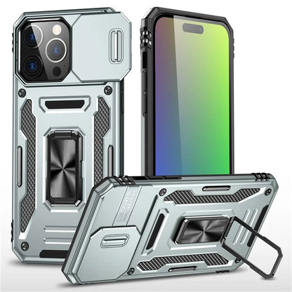 Armor Series For iPhone 16 Pro Max Case PC+TPU Kickstand Phone Cover with Slide Lens Lid