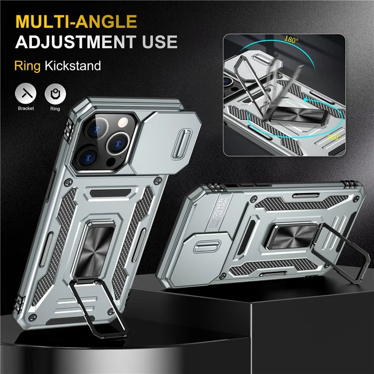 Armor Series For iPhone 16 Pro Max Case PC+TPU Kickstand Phone Cover with Slide Lens Lid