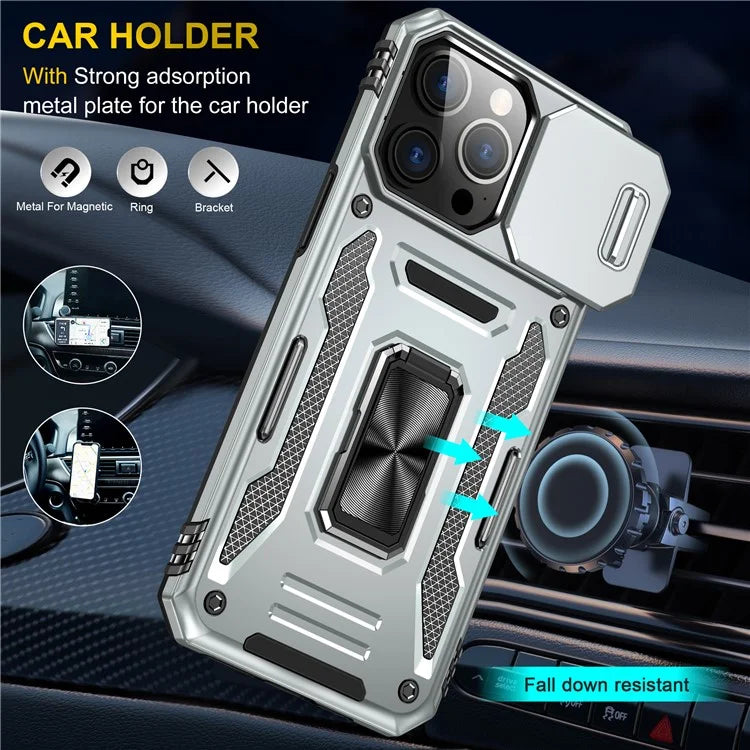 Armor Series For iPhone 16 Pro Max Case PC+TPU Kickstand Phone Cover with Slide Lens Lid