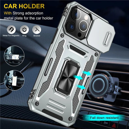 Armor Series For iPhone 16 Pro Max Case PC+TPU Kickstand Phone Cover with Slide Lens Lid