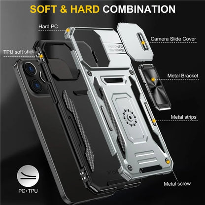 Armor Series For iPhone 16 Pro Max Case PC+TPU Kickstand Phone Cover with Slide Lens Lid
