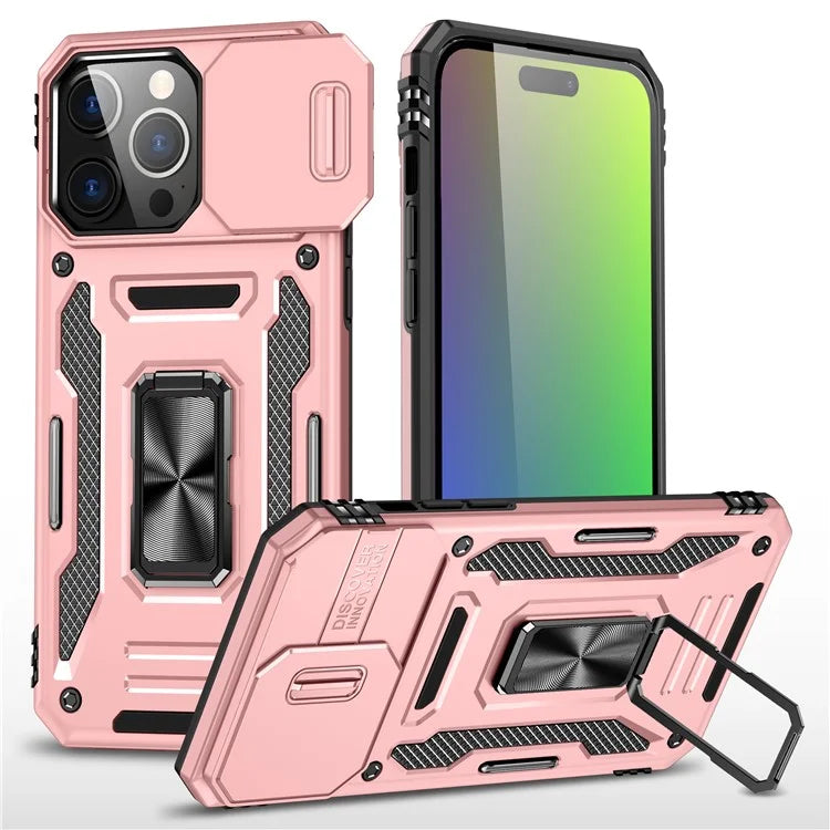 Armor Series For iPhone 16 Pro Max Case PC+TPU Kickstand Phone Cover with Slide Lens Lid