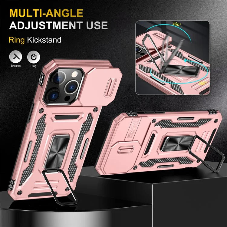 Armor Series For iPhone 16 Pro Max Case PC+TPU Kickstand Phone Cover with Slide Lens Lid