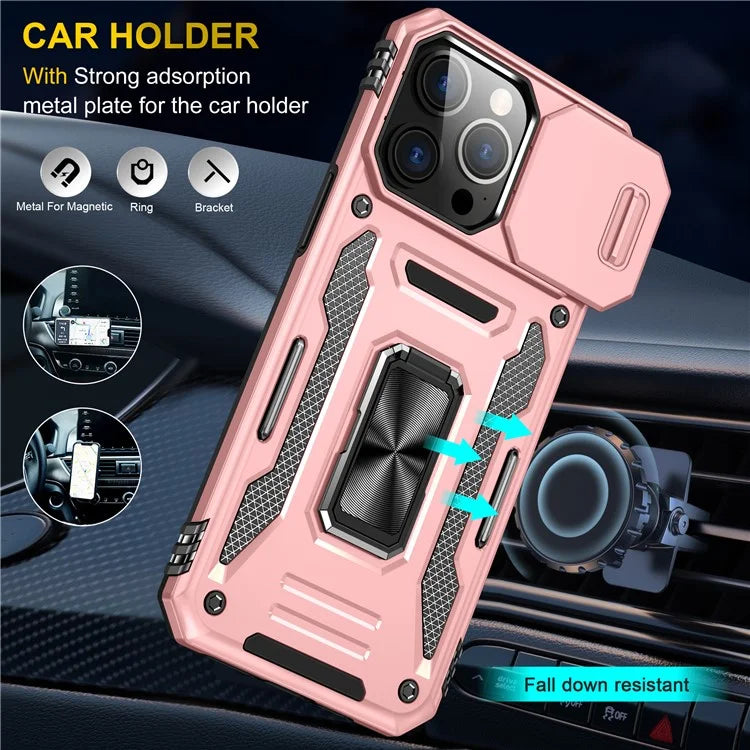 Armor Series For iPhone 16 Pro Max Case PC+TPU Kickstand Phone Cover with Slide Lens Lid