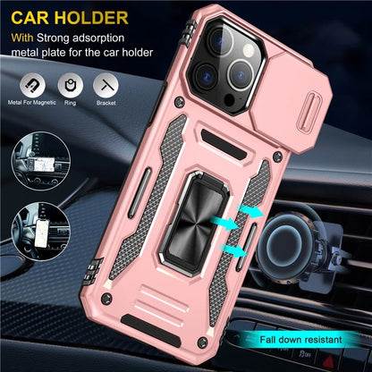 Armor Series For iPhone 16 Pro Max Case PC+TPU Kickstand Phone Cover with Slide Lens Lid