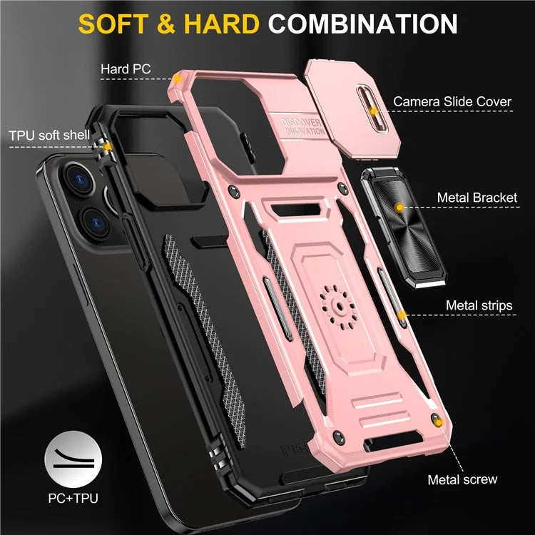 Armor Series For iPhone 16 Pro Max Case PC+TPU Kickstand Phone Cover with Slide Lens Lid