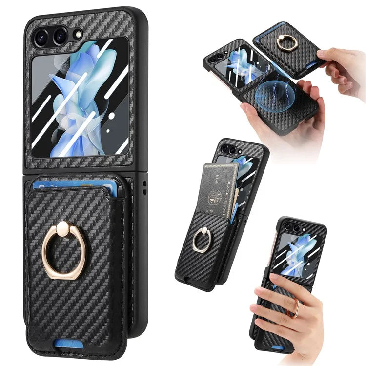 For Samsung Galaxy Z Flip6 5G Case Ring Kickstand Card Slot Phone Cover with Rear Screen Film