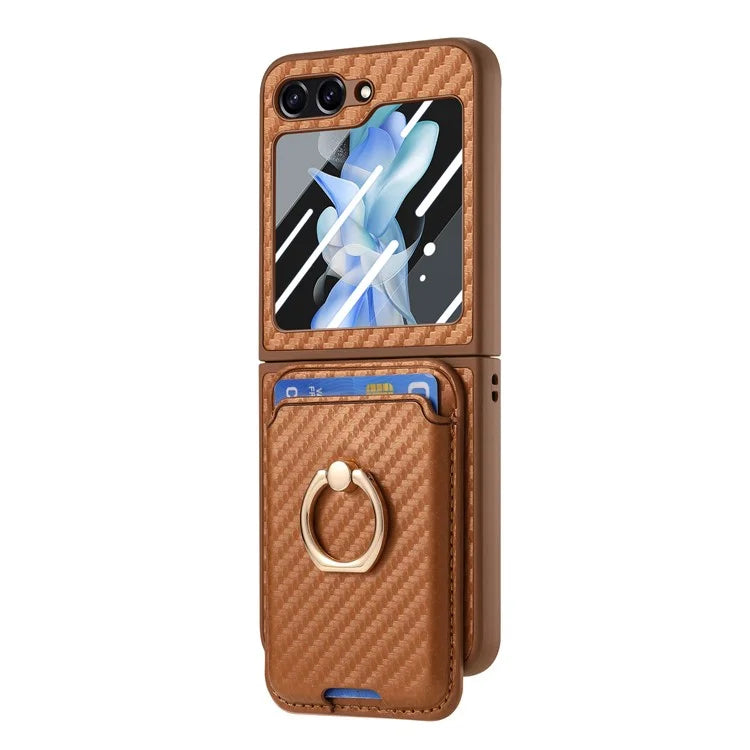 For Samsung Galaxy Z Flip6 5G Case Ring Kickstand Card Slot Phone Cover with Rear Screen Film